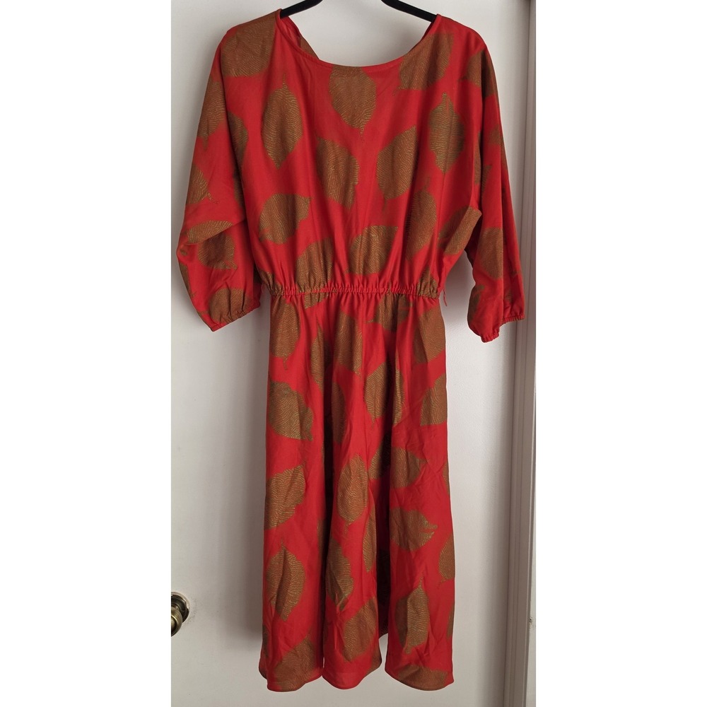 Vintage J.J. Dean Women's‎ Midi Dress Sz 10 Long Sleeve Red Gold Leaf Pattern